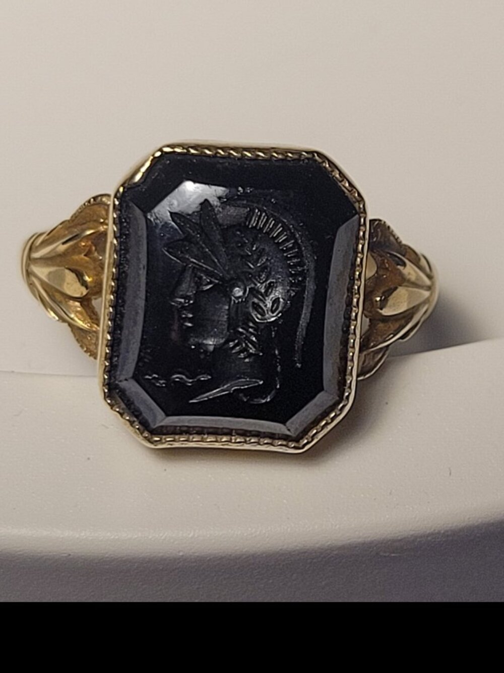 Warrior Cameo Gold Signet Ring Left Facing Vintage Black Stone Victorian Style